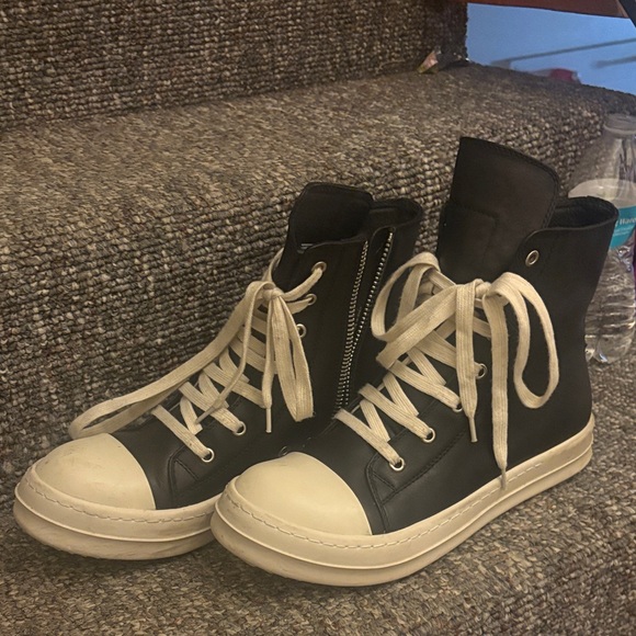 Rick Owens Black Leather High-Top Combat Boots with Cream Accents